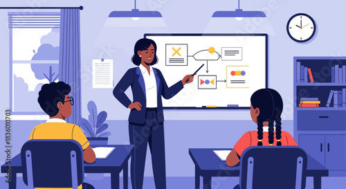 Teacher Explaining Diagram to Students in Classroom Setting.