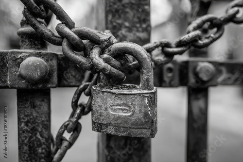 Rusty padlock secures an old iron gate with thick chains