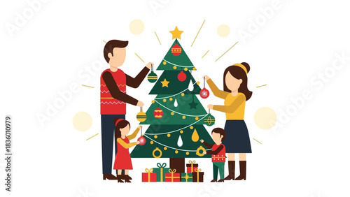 Family decorating Christmas tree with ornaments and gifts, creating joyful holiday memories together with love and laughter for a festive celebration