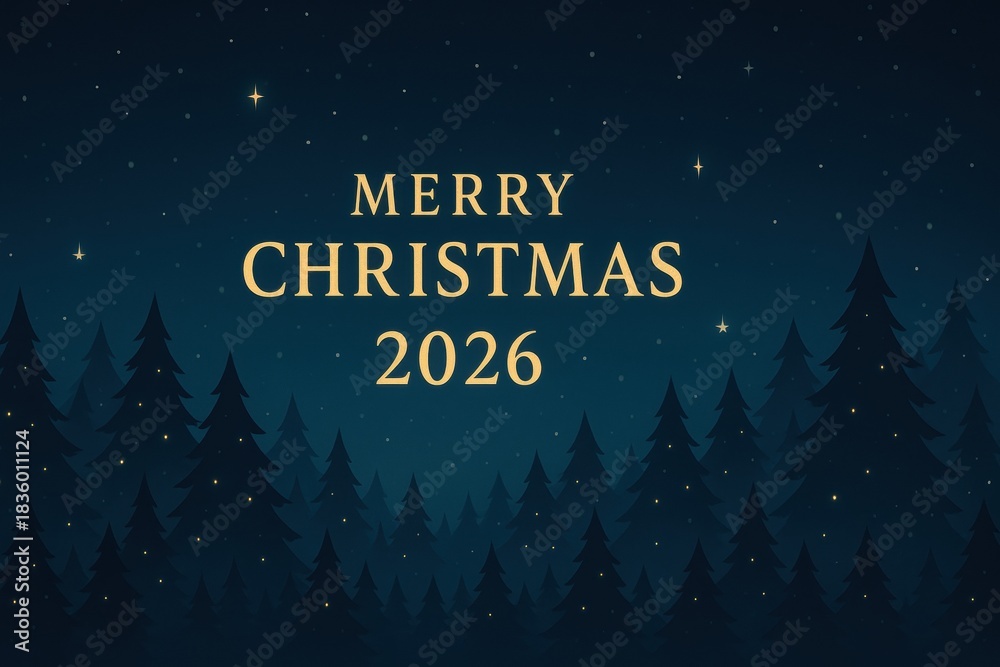 Naklejka premium Merry Christmas and happy new year 2026 Merry Christmas greeting card design with serene night sky and silhouettes of trees