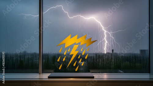 Stormy Weather Window View: Lightning Strikes Illuminate a Rainy Landscape, a Symbol of Nature's Power and Weather Phenomena