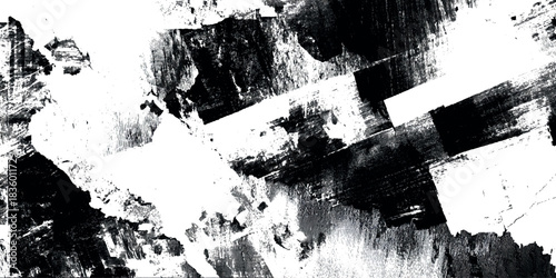 Abstract black and white grunge texture with distressed ink blocks paint splatters and rough layered overlay effect.