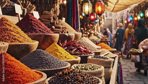Vibrant Spice Market Scene With Colorful Powders In Bowls And Distant Shoppers In Warm Sunlight