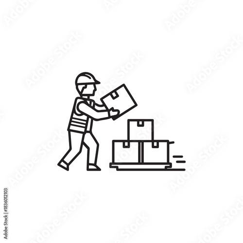Line art illustration of a worker lifting a box onto a pallet with stacked boxes, suggesting delivery or moving.