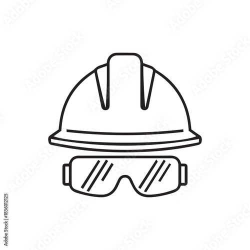A simple black and white line art illustration of a hard hat and safety glasses, symbolizing construction and worker protection