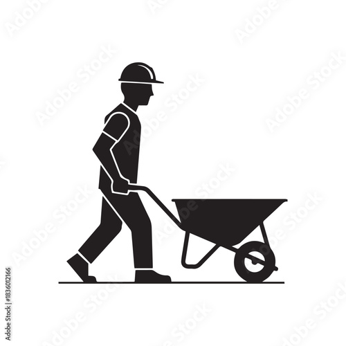 A construction worker in a hard hat pushing a wheelbarrow in a simple black silhouette against a clean white background