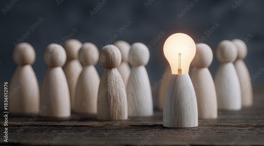 Fototapeta premium Wooden figures with one illuminated, symbolizing a bright idea among a group