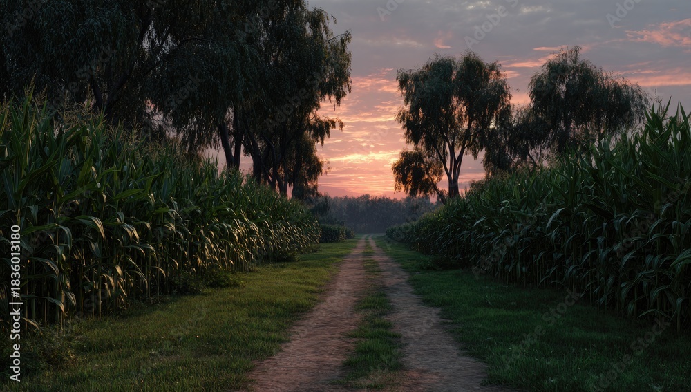 Obraz premium Dirt path through lush green cornfields leading to a vibrant sunset sky