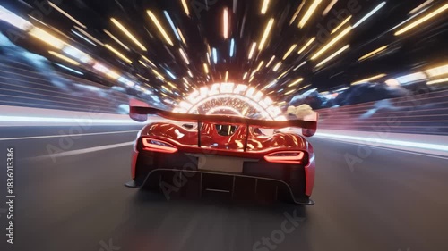 Red Sports Car Racing on Neon Lit Highway at High Speed