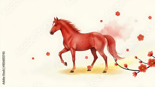 Elegant Red Horse Illustration with Plum Blossom and Watercolor Accents for Asian Lunar New Year Celebration