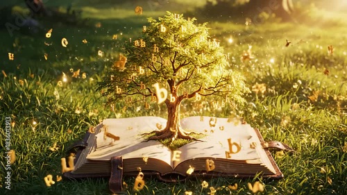 Knowledge Tree Growing From Open Book With Flying Letters in Green Field