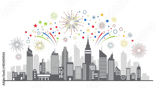 Celebrate city life with vibrant fireworks illuminating the skyline, perfect for event promotions, festive greetings, and urban lifestyle designs right now