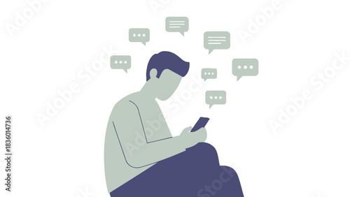 Connected world illustration shows man texting on mobile device with vibrant chat bubbles around him, perfect for tech savvy marketing campaigns