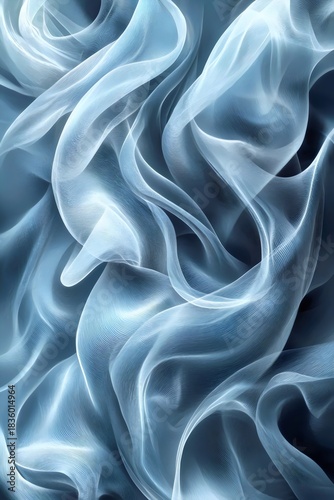 An abstract swirl of translucent blue fabric creates a dreamy, ethereal effect, evoking feelings of serenity and depth.