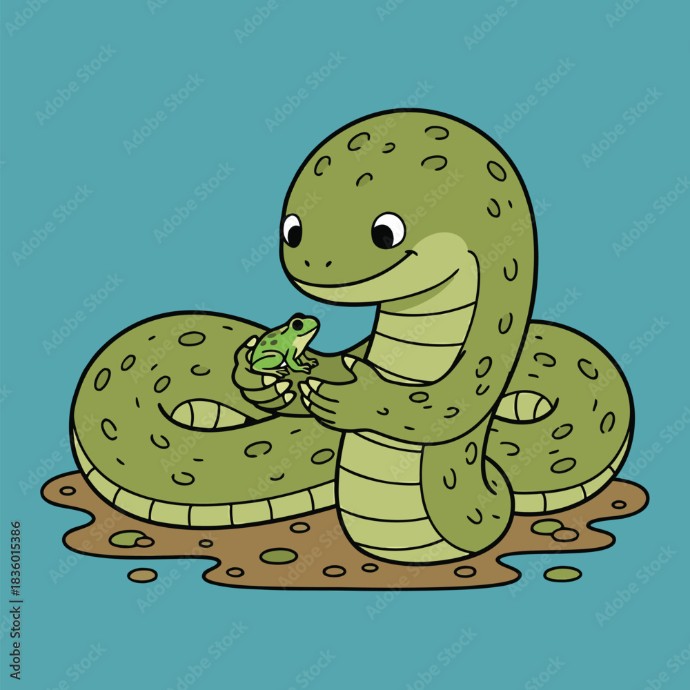 Fototapeta premium Friendly snake holding a small green frog.
