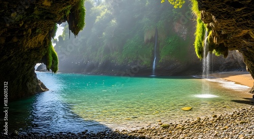 A breathtaking view from a sea cave of a hidden tropical cove with calm turquoise water, waterfalls, and a secluded sandy beach