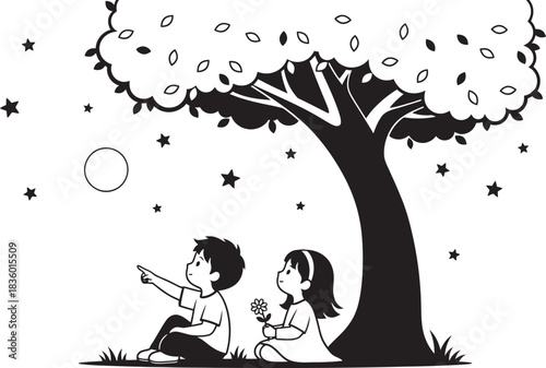 Children gazing at bubbles and stars beneath a leafy tree illustration
