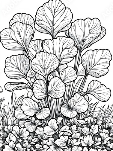 A detailed line art illustration of lush green foliage, featuring heart-shaped leaves and intricate flowers, creating a serene and calming botanical scene.