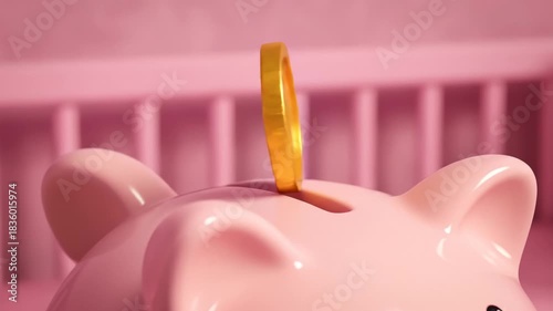 Gold Coin Balancing on Pink Piggy Bank in Studio Close-Up