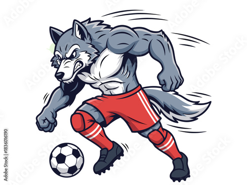 A powerful gray wolf athlete cartoon character playing soccer, a fierce sports mascot illustration for a team emblem vector design