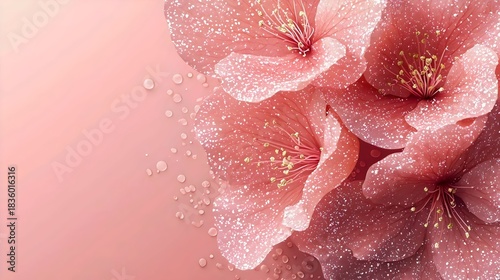 Close-up of delicate pink flowers with shimmering accents, set against a soft gradient background, evoking a serene and romantic atmosphere.
