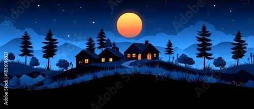 A serene night scene showcasing a tranquil landscape with silhouetted houses and pine trees under a glowing orange moon, creating a calming atmosphere.