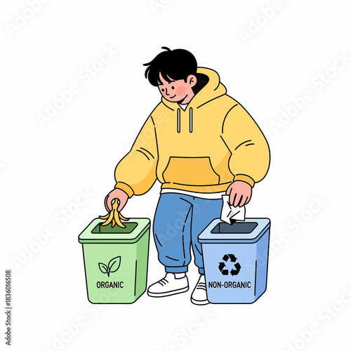 Responsible individual segregating organic and non-organic waste into designated bins