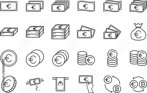 ユーロ通貨のお金の黒の線画アイコンセット