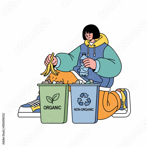 Environmentally conscious person sorting garbage into separate organic and non-organic recycling bins