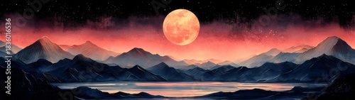 A breathtaking illustration of a dramatic mountain landscape under a full moon, with vibrant colors blending from deep red to dark blue, creating a serene and mystical atmosphere.