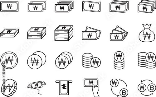 ウォン通貨のお金の黒の線画アイコンセット