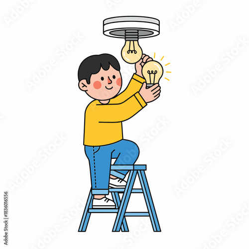 Person on Ladder Changing Light Bulb with a Cheerful Expression - Home Improvement