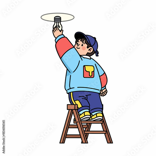 Vibrant cartoon of a young boy on a step ladder carefully changing a light bulb, depicting household chores