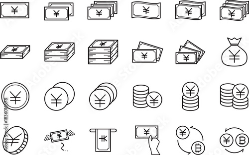 日本円通貨のお金の黒の線画アイコンセット