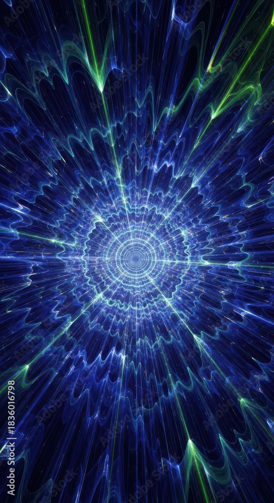 Fototapeta premium Abstract energy tunnel pulses with blue and green light toward a distant center