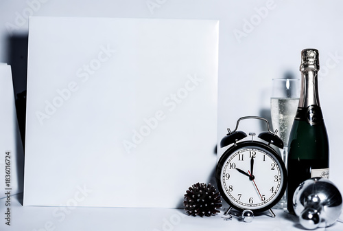 Blank white canvas with a champagne bottle, glass, and alarm clock set to midnight, ready for a New Year's Eve celebration.