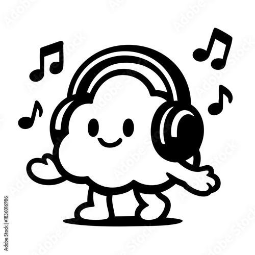cloud-shaped creature with chunky headphones, musical notes floating around