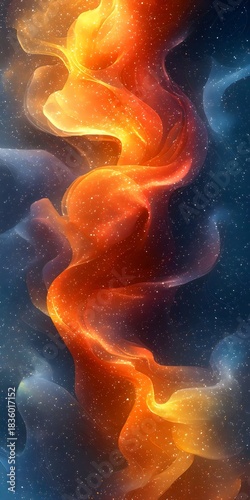 A vibrant abstract design featuring flowing waves of orange and gold against a deep blue background, evoking a sense of cosmic energy and fluidity.