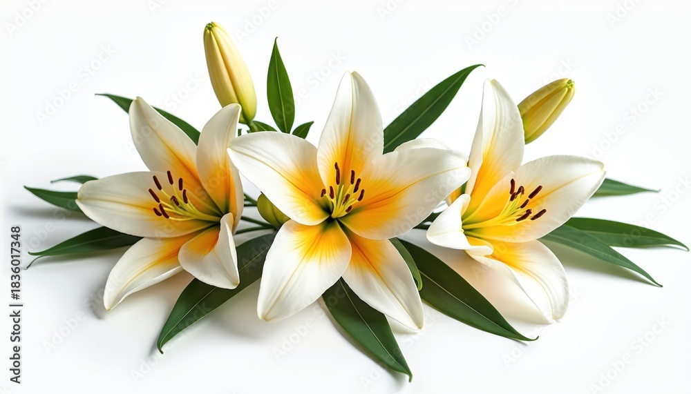 Naklejka premium Three white lilies with yellow centers and green leaves arranged on white background. Buds also visible in composition. Elegant flower bouquet with delicate petals.