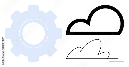 Technology, innovation, cloud computing, data storage, engineering, future tech. A gear and cloud outlines. Technology and innovation reflected in gear and cloud symbols