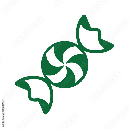 A simple graphic illustration of a green and white swirled hard candy in a twisted wrapper, isolated on a white background.