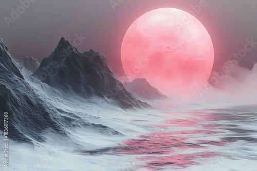 A breathtaking digital landscape featuring jagged mountains under a massive pink moon, casting a surreal glow on the icy terrain and reflective waters, evoking an otherworldly atmosphere.