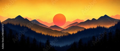 A stunning sunset paints the sky golden over a mountainous landscape, with silhouette trees framing the scene, evoking a sense of tranquility and nature's beauty.