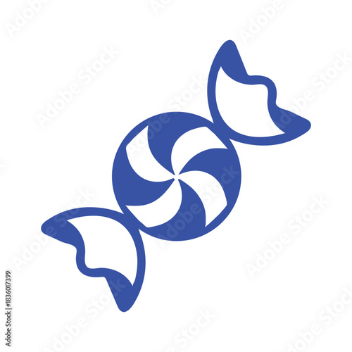 A simple blue and white graphic icon of a round, swirled hard candy in a twisted wrapper.