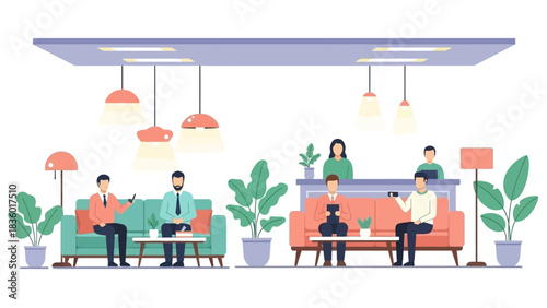Modern waiting area with diverse people relaxing on sofas, perfect for corporate lobbies or upscale clinics, promotes comfort and elegance in interiors