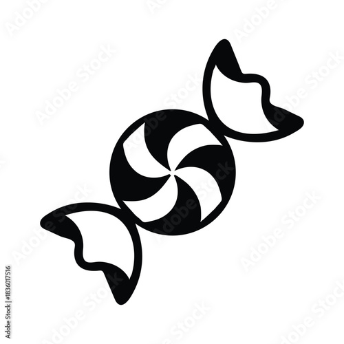 A minimalist black and white icon of a round, swirled hard candy in a twisted wrapper.