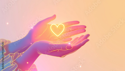 光るネオンのハートを優しく包み込む両手のイラスト