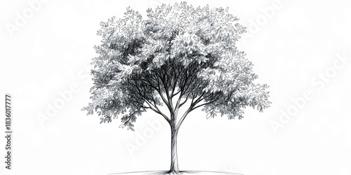 A detailed black and white sketch of a leafy tree, showcasing intricate foliage and a strong trunk, symbolizing nature and resilience with a clean, minimalistic background.