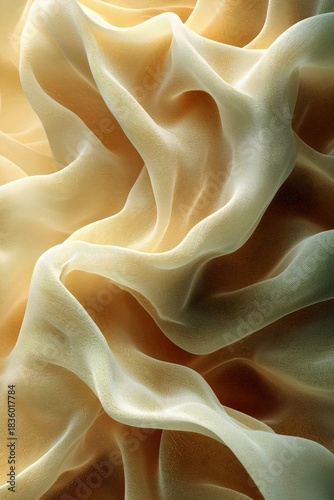 Delicate folds of sheer fabric in warm beige and cream tones create a soft, dreamy texture. The light plays beautifully across the undulating waves of the material.