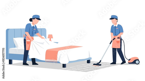 Hotel housekeeping team ensuring spotless cleanliness and comfort in a modern guest room, promising a relaxing stay for travelers and vacationers